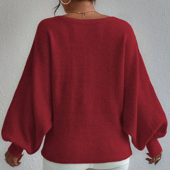 burgundy redCasual Women's Striped graphic Batwing Sleeve Loose Pullover Sweater - Picture 2 of 7